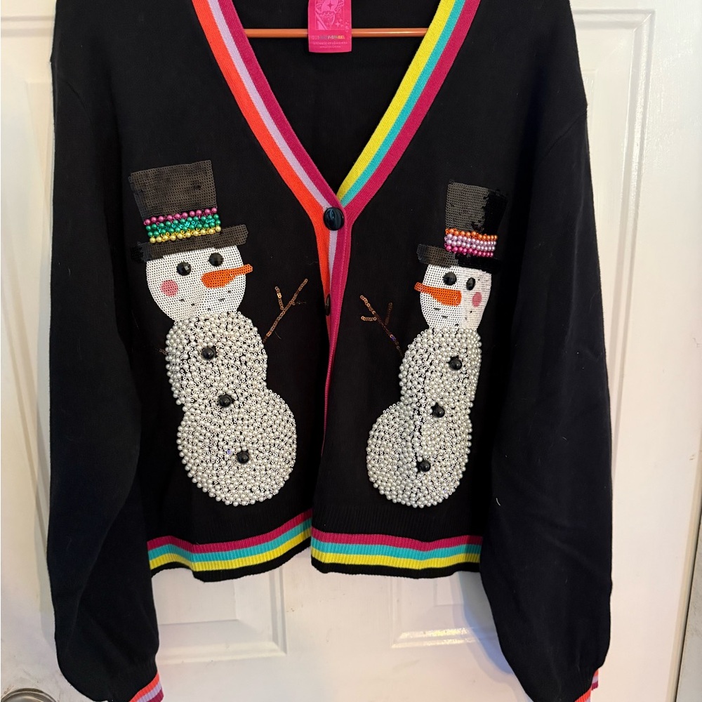 QUEEN OF SPARKLES Black Snowman Cardigan with Rainbow Trim